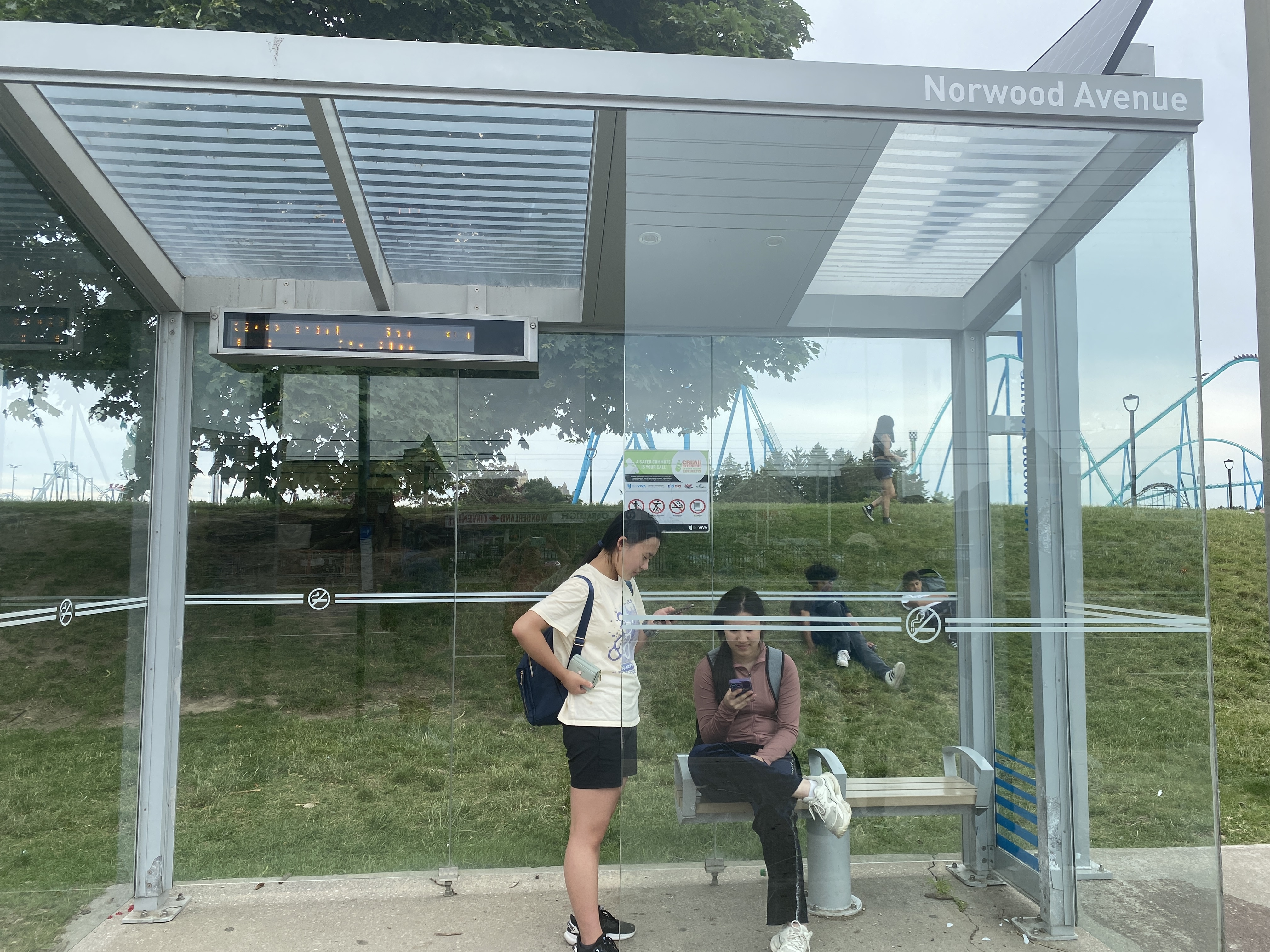 This is the bus shelter for the South Bound purple bus.