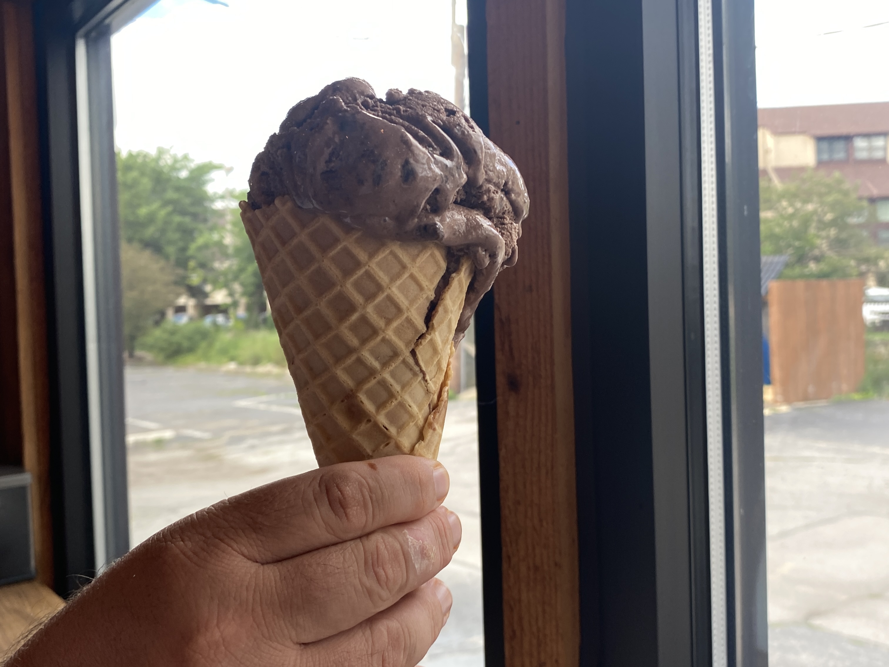 This is the
      Brownie Bandit waffle cone with two dips.